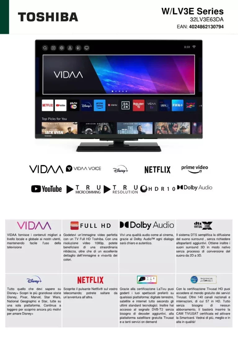 Toshiba 32LV3E63DA-Smart TV da 32 Pollici